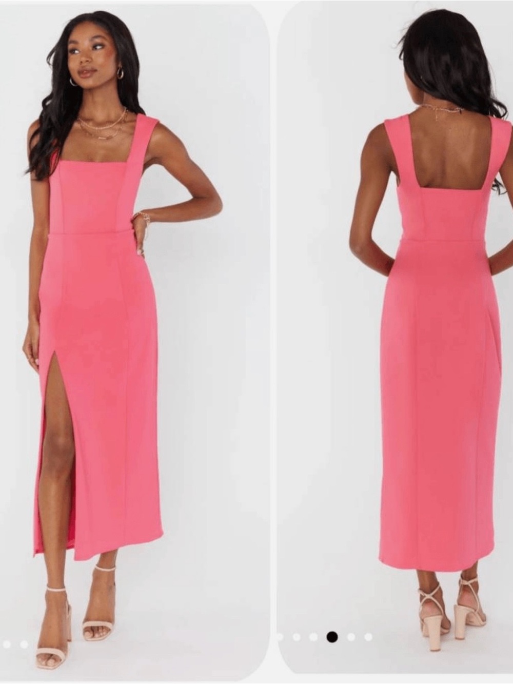 Show Me Your MuMu Coral Pink Square-Neck Midi Dress with Thigh Slit